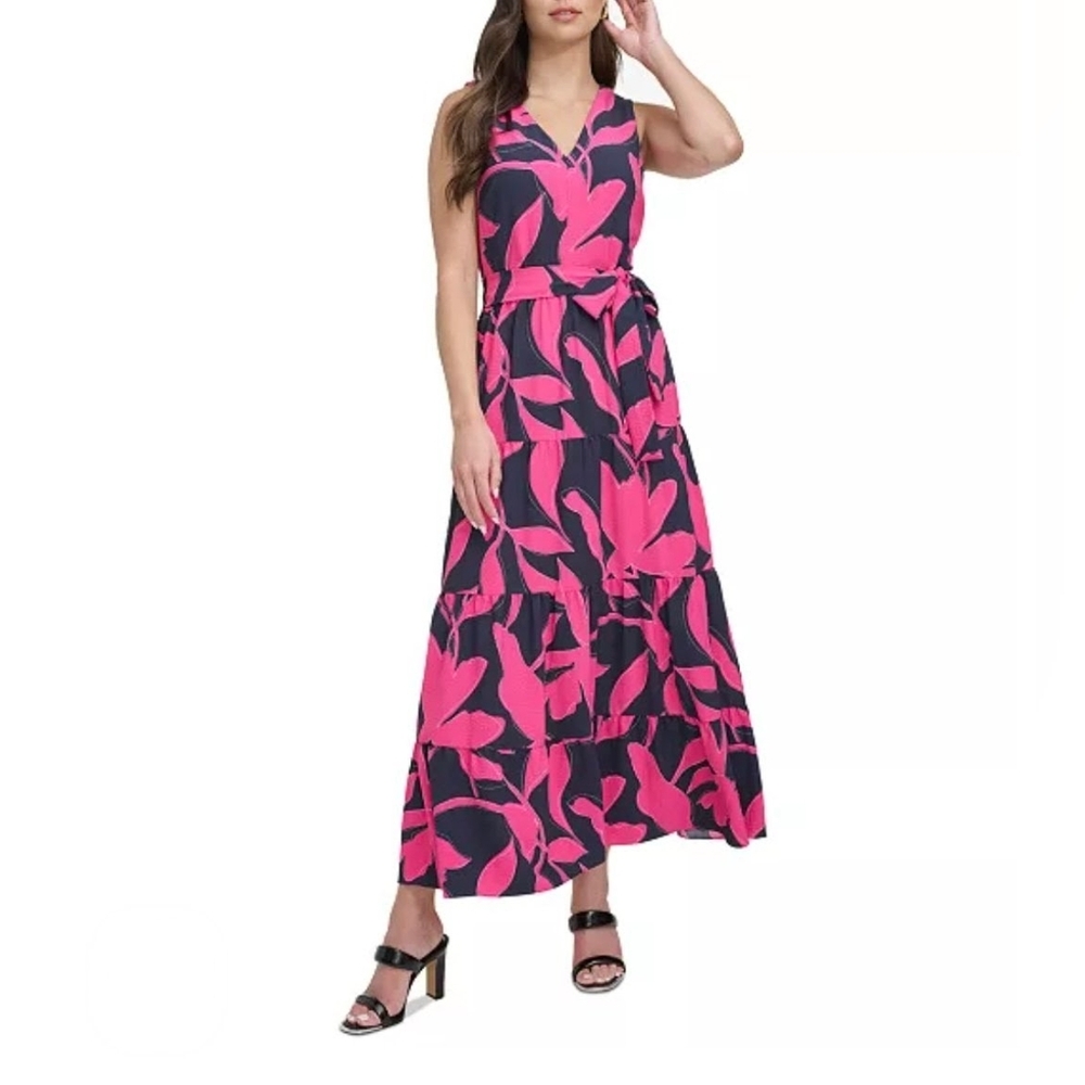 DKNY Women's Sleeveless V-Neck Floral Tiered Midi Dress Tie Waist Size 12 NWOT